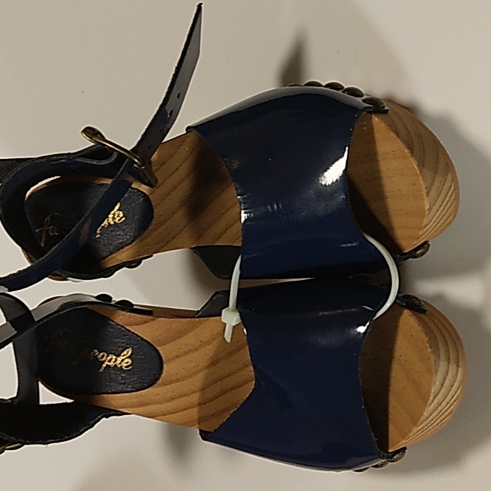Navy Patent Leather Wood-Platform Clog Sandals with Ankle Strap - Picture 4 of 4